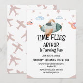 Waterverf tijd vliegt vliegtuigverjaardagsuitnodig kaart (Voorkant / Achterkant)