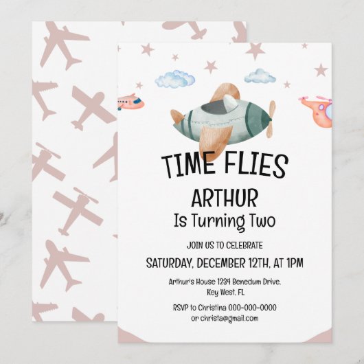 Waterverf tijd vliegt vliegtuigverjaardagsuitnodig kaart (Voorkant / Achterkant)