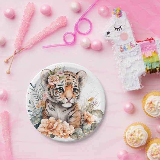 Waterverf tijger in bloemen papieren bordje (Feest)