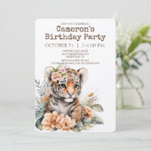 Waterverf tijger in Flowers Birthday party Kaart (Staand voorkant)