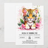 Waterverf Tijger Meisje Verjaardagsuitnodiging Kaart (Voorkant / Achterkant)