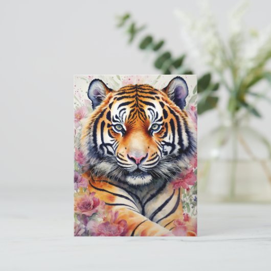 Waterverf tijger met bloemschilderij briefkaart (Staand voorkant)