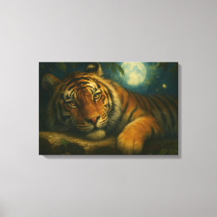 Waterverf tijger rust in het nachtbos canvas afdruk