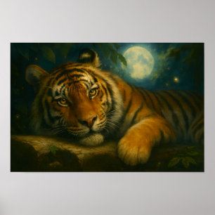 Waterverf tijger rust in het nachtbos poster