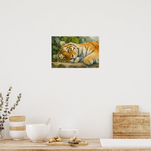 Waterverf tijger rust in weelderig groen poster (Keuken)