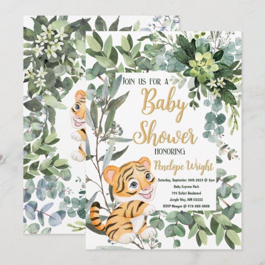 Waterverf Tijger Safari Oerwoud Leaf Baby shower Kaart (Voorkant / Achterkant)