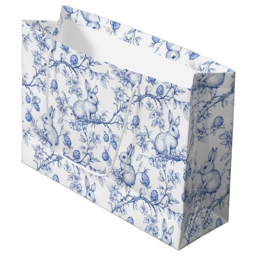 Waterverf Toile de Jouy Blauwe Paashaas Groot Cadeauzakje (Voorkant Gekanteld)
