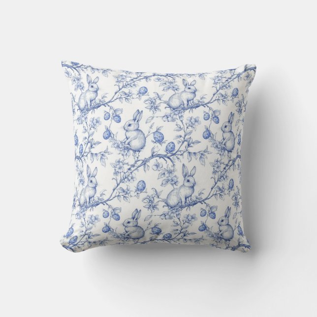 Waterverf Toile de Jouy Blauwe Paashaas Kussen (Voorkant)