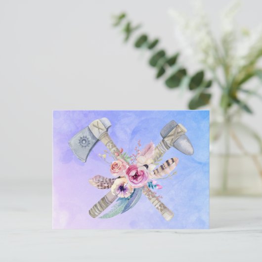 Waterverf Tomahawk Hammer en Flowers Design Briefkaart (Staand voorkant)