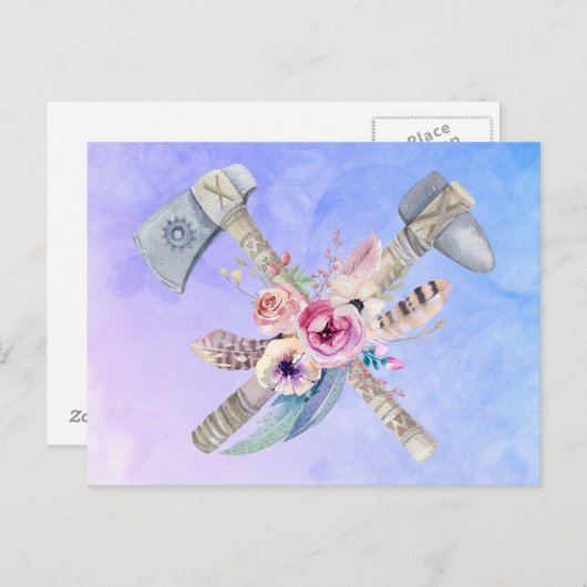 Waterverf Tomahawk Hammer en Flowers Design Briefkaart (Voorkant / Achterkant)