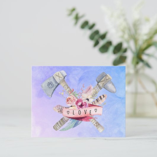 Waterverf Tomahawk Hammer en Flowers Design Briefkaart (Staand voorkant)