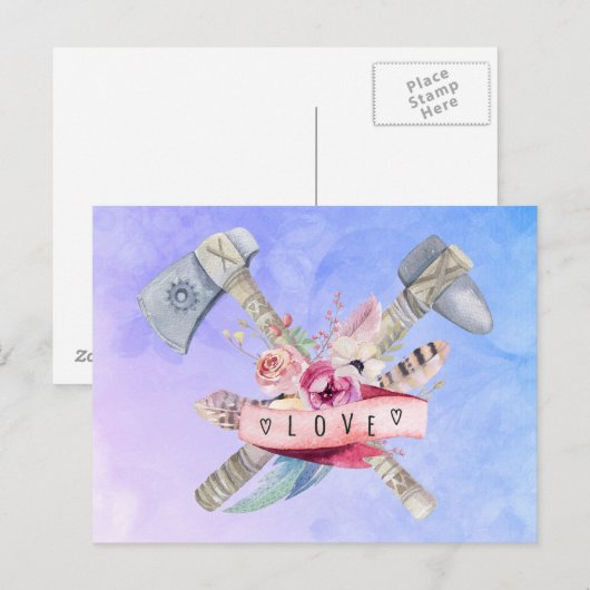 Waterverf Tomahawk Hammer en Flowers Design Briefkaart (Voorkant / Achterkant)