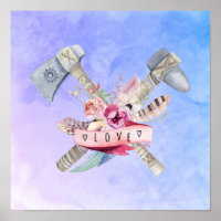 Waterverf Tomahawk Hammer en Flowers Design