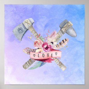 Waterverf Tomahawk Hammer en Flowers Design Poster