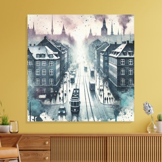 Waterverf Top Street Uitzicht met tramlijnen Canvas Afdruk (Insitu (Woonkamer))