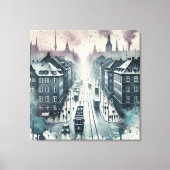 Waterverf Top Street Uitzicht met tramlijnen Canvas Afdruk (Voorkant)