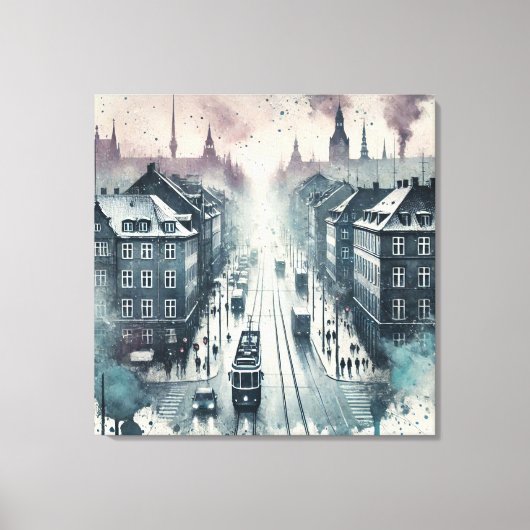 Waterverf Top Street Uitzicht met tramlijnen Canvas Afdruk (Voorkant)