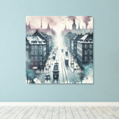 Waterverf Top Street Uitzicht met tramlijnen Canvas Afdruk (Insitu (Houten vloer))