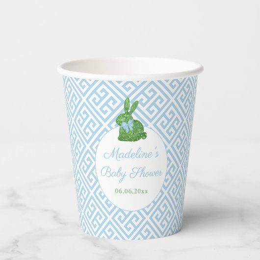 Waterverf Topiary Konijn Baby Jongen Douche Party Papieren Bekers (Achterkant)