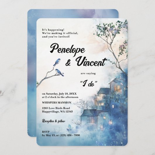 Waterverf Tortelduifjes op blauw Kaart (Voorkant / Achterkant)