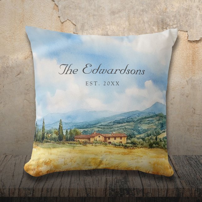 Waterverf Toscaanse mediterrane familienaam Kussen (Watercolor Tuscan Mediterranean Family Name Throw Pillow)