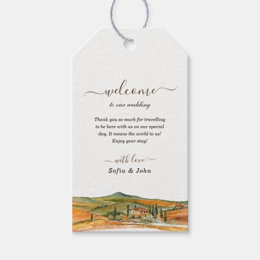 Waterverf Toscane Italië Skyline bruiloft Welkom Cadeaulabel (Voorkant)