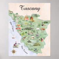 Waterverf Toscane Voedsel & Landmarken Kaart