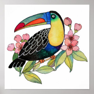 Waterverf toucan Bird with Flowers Poster