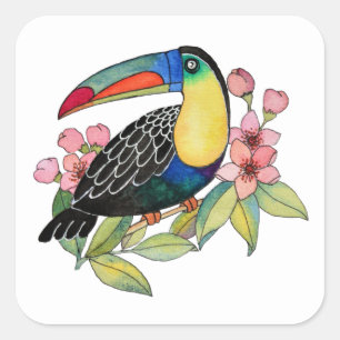 Waterverf toucan Bird with Flowers Vierkante Sticker