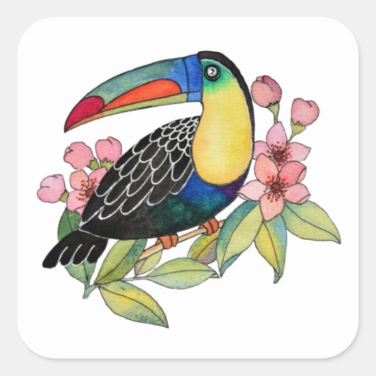 Waterverf toucan Bird with Flowers Vierkante Sticker (Voorkant)