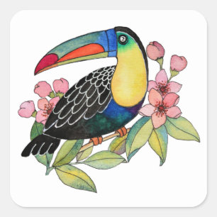 Waterverf toucan Bird with Flowers Vierkante Sticker