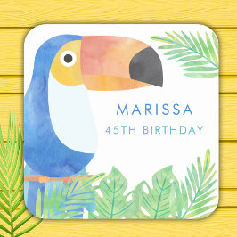 WATERVERF TOUCAN VERJAARDAG VIERKANTE STICKER