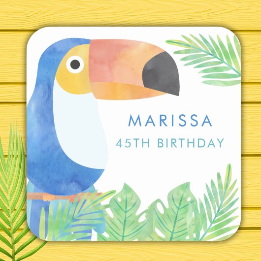 WATERVERF TOUCAN VERJAARDAG VIERKANTE STICKER