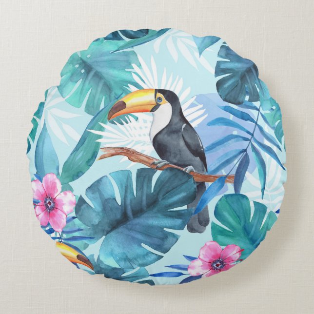 Waterverf Toucans: Tropisch naadloos Rond Kussen (Voorkant)
