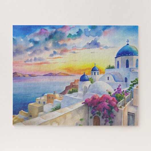 Waterverf Townscape Santorini Grieks eiland Legpuzzel (Horizontaal)