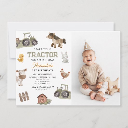Waterverf tractor 1e verjaardag foto kaart (Voorkant)