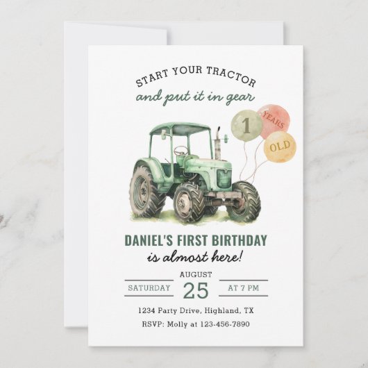 Waterverf tractor 1e verjaardagsfeestje kaart (Voorkant)