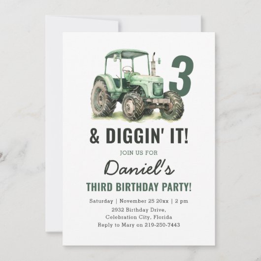 Waterverf Tractor 3e verjaardag Kaart (Voorkant)