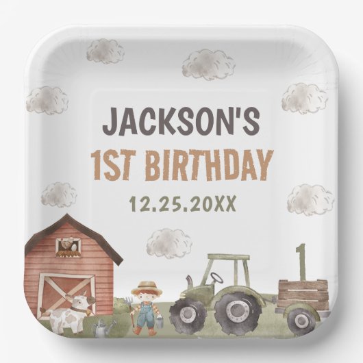 Waterverf Tractor Boerderij 1e verjaardag Papieren Bordje (Voorkant)