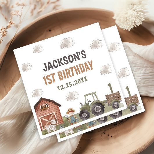 Waterverf Tractor Boerderij 1e verjaardag Servet