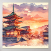 Waterverf Traditional Japanese Temple in Sunset Poster (Voorkant)