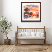 Waterverf Traditional Japanese Temple in Sunset Poster