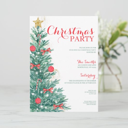 Waterverf Tree Kerstfeest Elegante Uitnodiging (Staand voorkant)