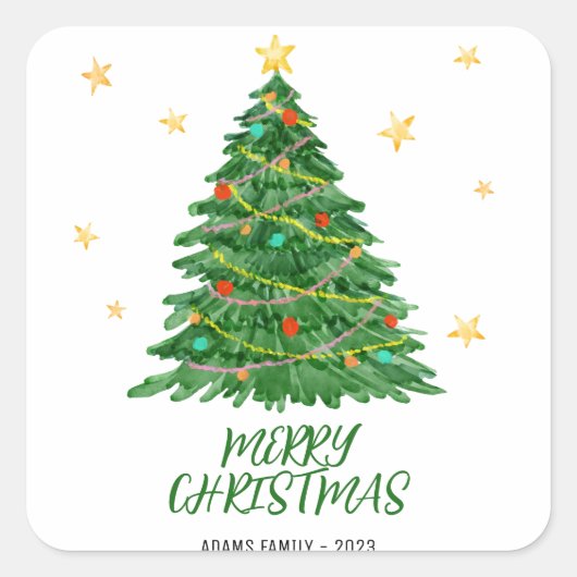 Waterverf Tree Merry Christmas Sticker (Voorkant)