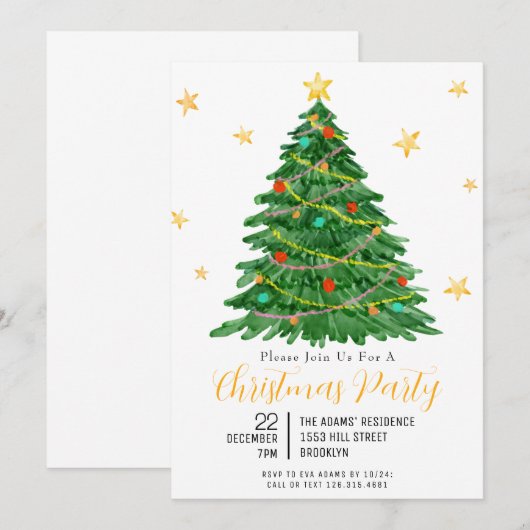 Waterverf Tree Vrolijk kerstfeest uitnodiging (Voorkant / Achterkant)