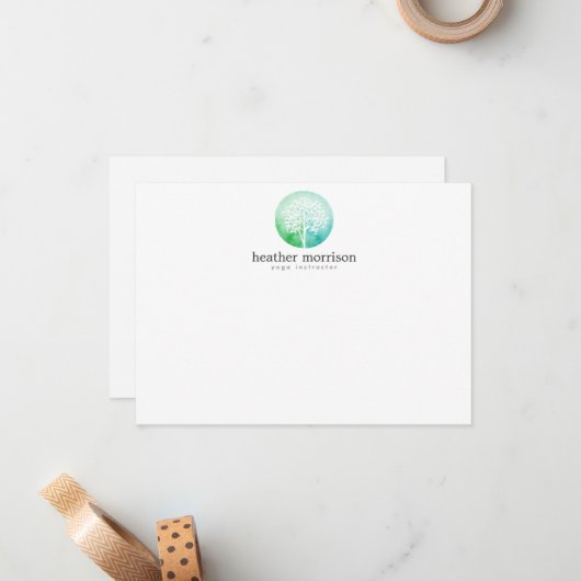 Waterverf Tree Yoga en Wellness Flat Notecard Notitiekaartje (Voorkant / Achterkant in situ)