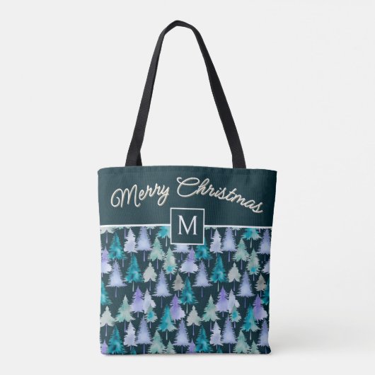 Waterverf Trees Merry Christmas Monogrammed Tote Bag (Achterkant)