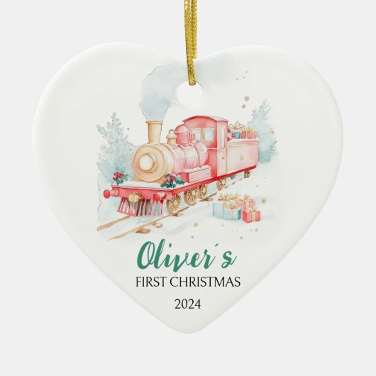 Waterverf trein aangepaste eerste kerst keramisch ornament (Voorkant)