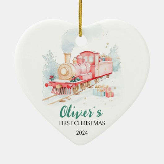 Waterverf trein aangepaste eerste kerst keramisch ornament (Achterkant)