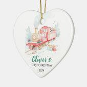 Waterverf trein aangepaste eerste kerst keramisch ornament (Links)